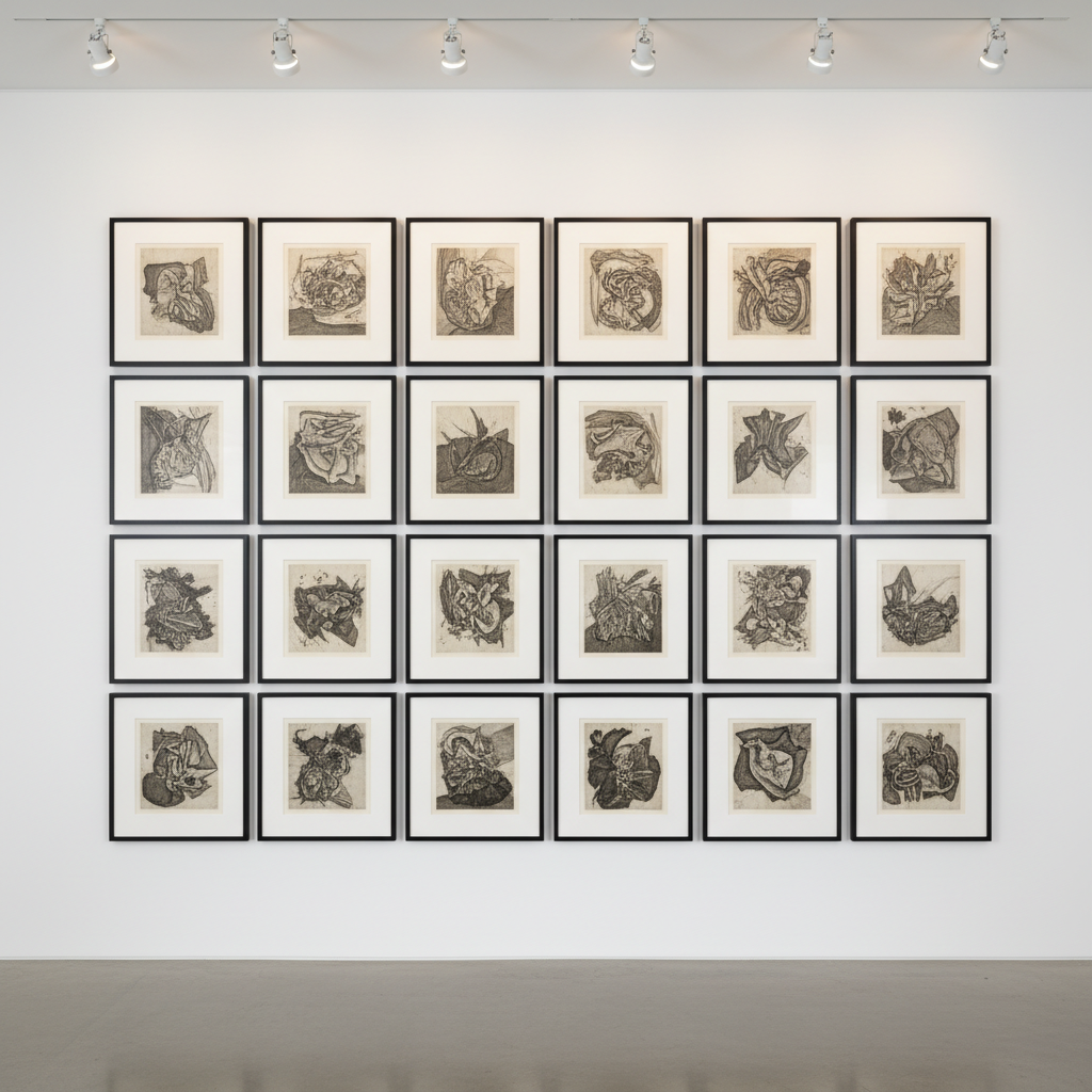 An elegant exhibition wall in a contemporary art gallery, dedicated entirely to etchings. A precise grid of medium-sized works on paper, each in a slender, matte black frame with generous white mats, stretches across a flawless white wall. The etchings feature abstract linework and subtle tonal gradients in blacks and deep sepias. Track lighting on the ceiling casts focused, warm beams, creating tiny, crisp shadows around each frame and a subtle glow on the paper texture. The polished concrete floor subtly reflects the lower edges of the frames. Shot straight-on at eye level with photographic realism and perfect sharpness, the mood is quiet, intellectual, and curated, ideal for showcasing printmaking as a sophisticated art form.