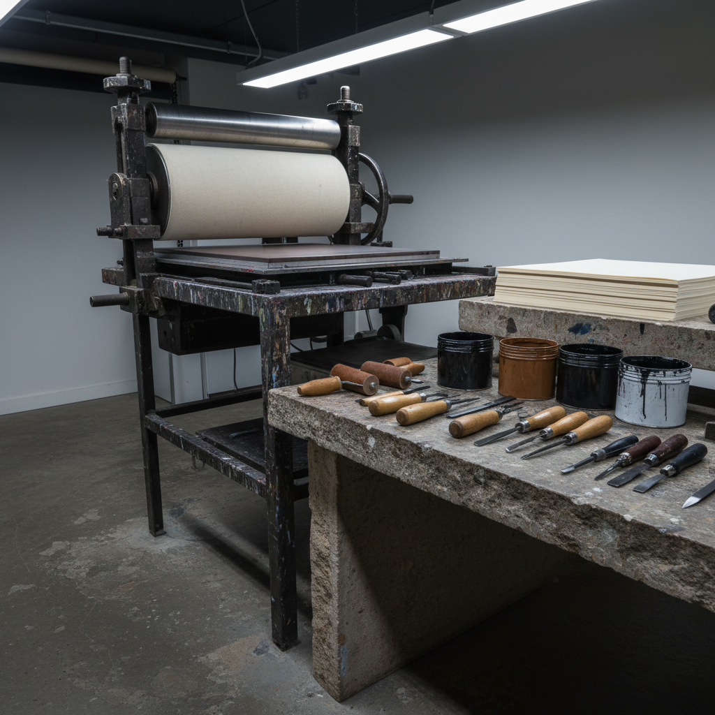 A hands-free workshop setting focused on materials and tools only. In the center, a robust etching press with a heavy steel roller and pristine felt blankets dominates the scene, set atop a paint-splattered metal stand on a concrete floor. Nearby, ink rollers, open tins of rich black and umber ink, and neatly arranged carving tools rest on a narrow, sculpted stone side table with a raw, textured edge. Overhead, cool, even studio lighting ensures every surface is clearly visible, creating soft, functional shadows. Photographic realism from a slightly low side angle, with moderate depth of field, highlights the contrast between industrial metal, tactile stone, and creamy paper. The atmosphere is focused and professional, evoking a high-caliber printmaking workshop.