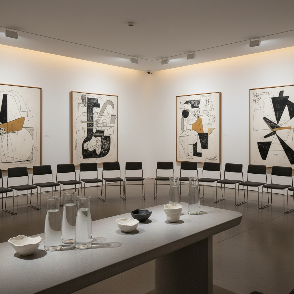 A refined event setup inside the gallery space, without any people present. In the foreground, a sculpted stone table is arranged as a minimalist bar, holding carefully placed clear glass carafes and delicate ceramic bowls in muted whites and grays. Around it, a ring of sleek, stackable chairs is neatly aligned near the walls, where large abstract paintings and etchings hang in balanced compositions. Soft evening lighting combines dimmed overhead spots and a warm glow from concealed LED strips along the ceiling, creating a golden halo on the white walls. Photographic realism captured from a slightly elevated corner angle, with moderate depth of field, conveys an atmosphere of anticipation, sophistication, and calm readiness for a cultural event or opening.
