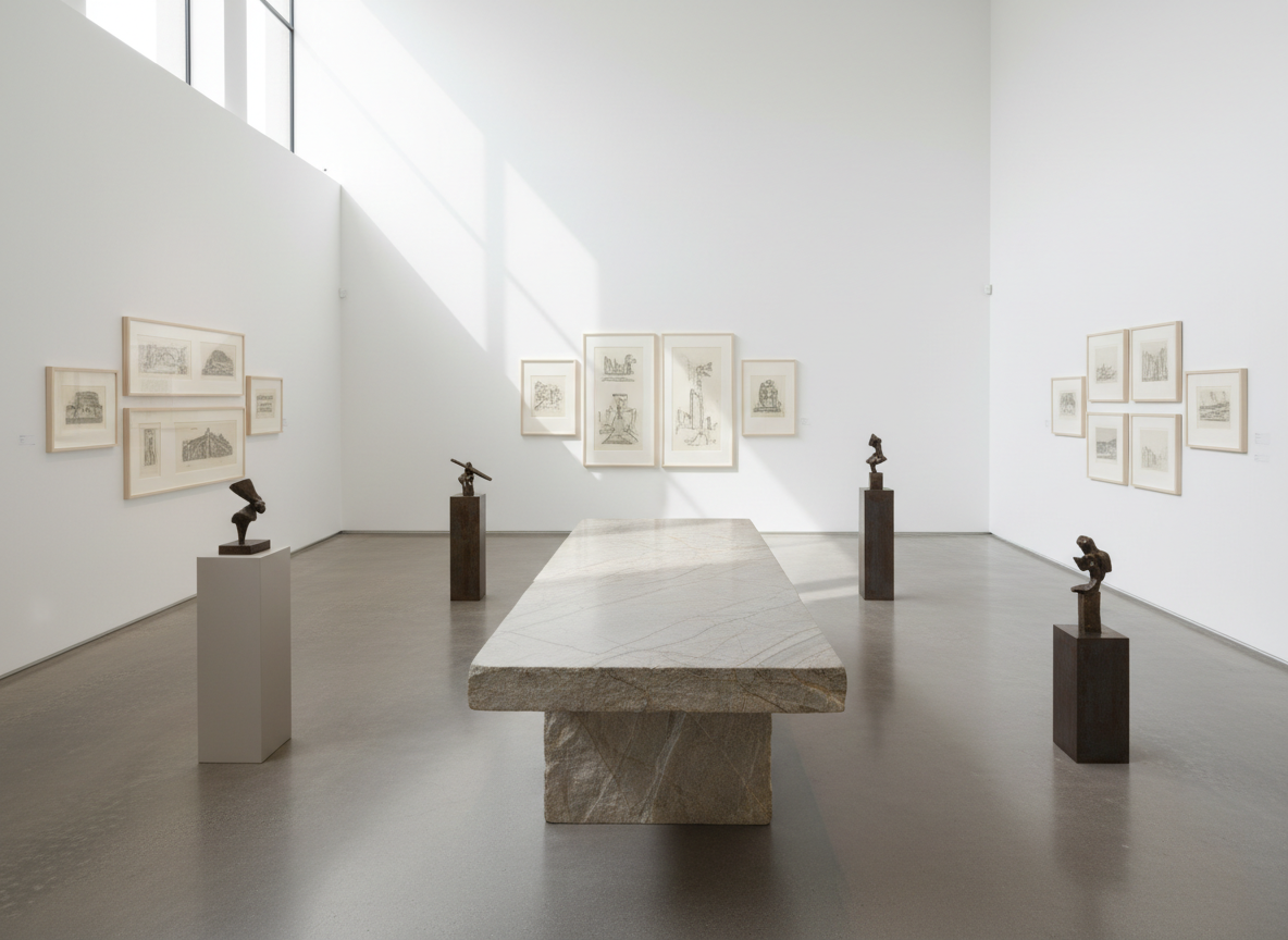 A spacious, impeccably lit art gallery interior featuring a harmonious mix of sculpted stone tables and framed etchings on pristine white walls. The main focus is a long, low stone table with a smooth, river-worn surface, subtly veined in grays and warm beiges, positioned in the center of a polished concrete floor. Around it, minimal plinths display small abstract sculptures. Soft, diffused daylight filters in from tall, unseen windows, creating gentle reflections and elongated shadows. The mood is sophisticated and contemplative, with a clean, modern aesthetic. Photographic realism at eye level, using a wide-angle lens with sharp focus throughout, emphasizes the serene geometry of the space and the dialogue between sculpture and works on paper.