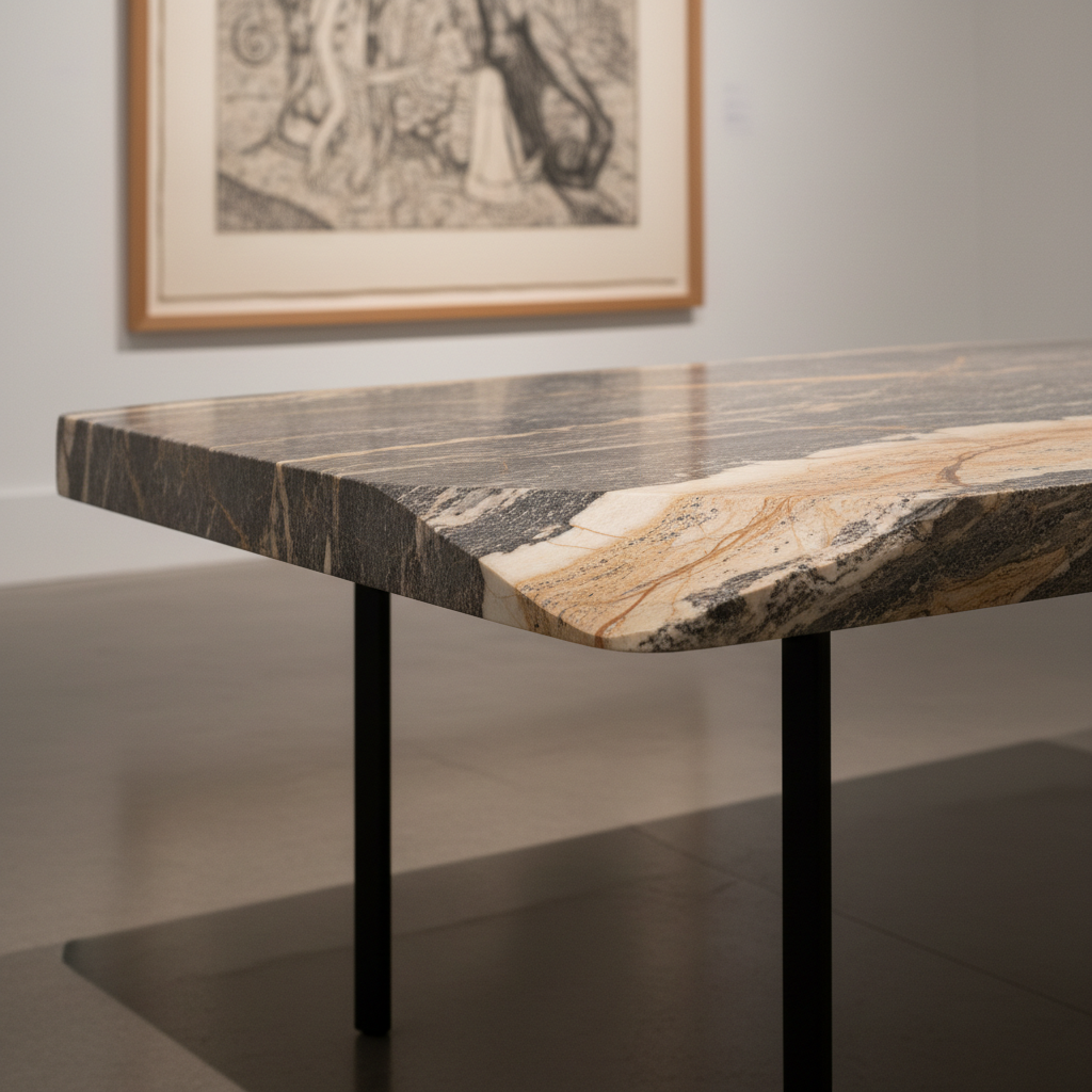 A close-up, photographic realism shot of a sculpted stone table from Galería La Sopa (de piedra), its surface honed to a satin finish that catches soft gallery lighting. The stone is mottled with subtle mineral flecks and delicate veins, in tones of charcoal, ivory, and warm sand. The table stands on minimalist black metal legs, casting a crisp shadow on the smooth concrete floor. In the background, softly blurred, hangs a large monochrome etching in a simple oak frame. Warm, directional spotlights from above create gentle highlights along the stone’s edges. Captured from a low, three-quarter angle with shallow depth of field, the composition feels refined and intimate, emphasizing craftsmanship and materiality.