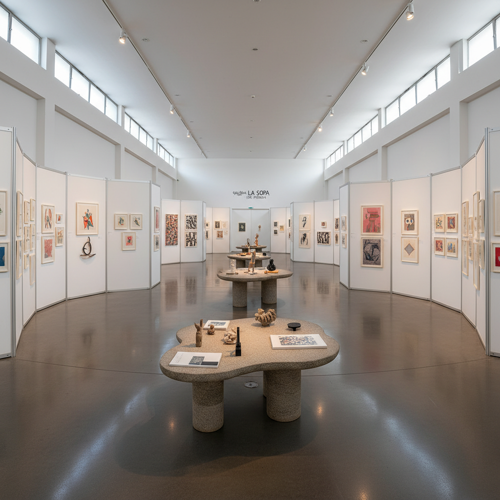 A panoramic, photographic realism view of a changing exhibition at Galería La Sopa (de piedra). Freestanding white partitions create a fluid path through the space, each face displaying a different mix of contemporary prints and small sculptural works. Sculpted stone tables of varying heights appear as islands, supporting curated groupings of objects and artist catalogs. Natural daylight pours in from clerestory windows, complemented by discreet track lighting that adds focused highlights. The polished floor reflects the vertical planes of walls and tables, adding depth. Captured with a wide-angle lens from one end of the room, everything appears crisp and airy, conveying the sense of a dynamic, modular venue that can be reconfigured for each new exhibition and event.