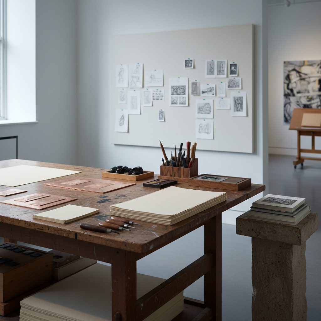 A serene artist-in-residence workspace within the gallery, rendered in photographic realism. A large, sturdy wooden worktable, lightly splattered with ink and pigment, stands near a tall, white wall pin-board covered with pinned sketches and small test prints. On the table rest copper plates, engraving tools, and neatly stacked sheets of thick, deckle-edged paper. A nearby sculpted stone side table holds a small stack of art books. Soft morning light enters through an unseen high window, washing the room in a cool, diffused glow and casting gentle shadows of tools across the tabletop. Captured at a slightly elevated angle with selective focus on the tools, the mood is contemplative, disciplined, and quietly creative, emphasizing the gallery’s role as a working space for artists.