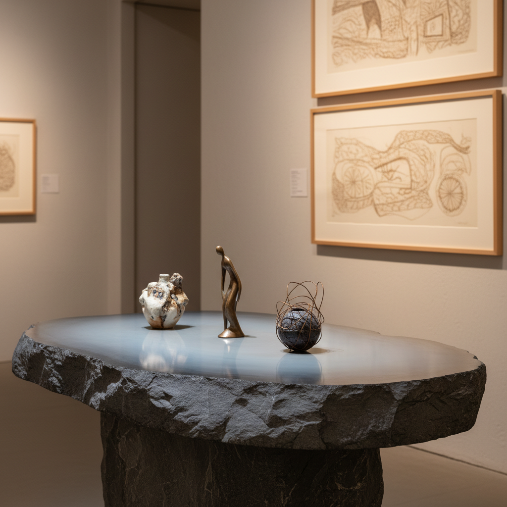 An intimate gallery corner featuring a statement sculpted stone table styled as a high-end art display surface. The table’s organic, asymmetrical top appears carved from a single boulder, its surface silky and reflective, with subtle color transitions from deep slate to pale gray-blue. On it rest three small, carefully spaced sculptural objects in ceramic and bronze. Behind, two large etchings in pale wood frames hang on a softly lit, off-white wall. Gentle side lighting from a concealed wall washer creates a gradient of light across the stone and artwork, while the rest of the room recedes into a tasteful blur. Photographic realism, shot at eye level using the rule of thirds, conveys a moody, sophisticated atmosphere suited to a boutique art gallery.